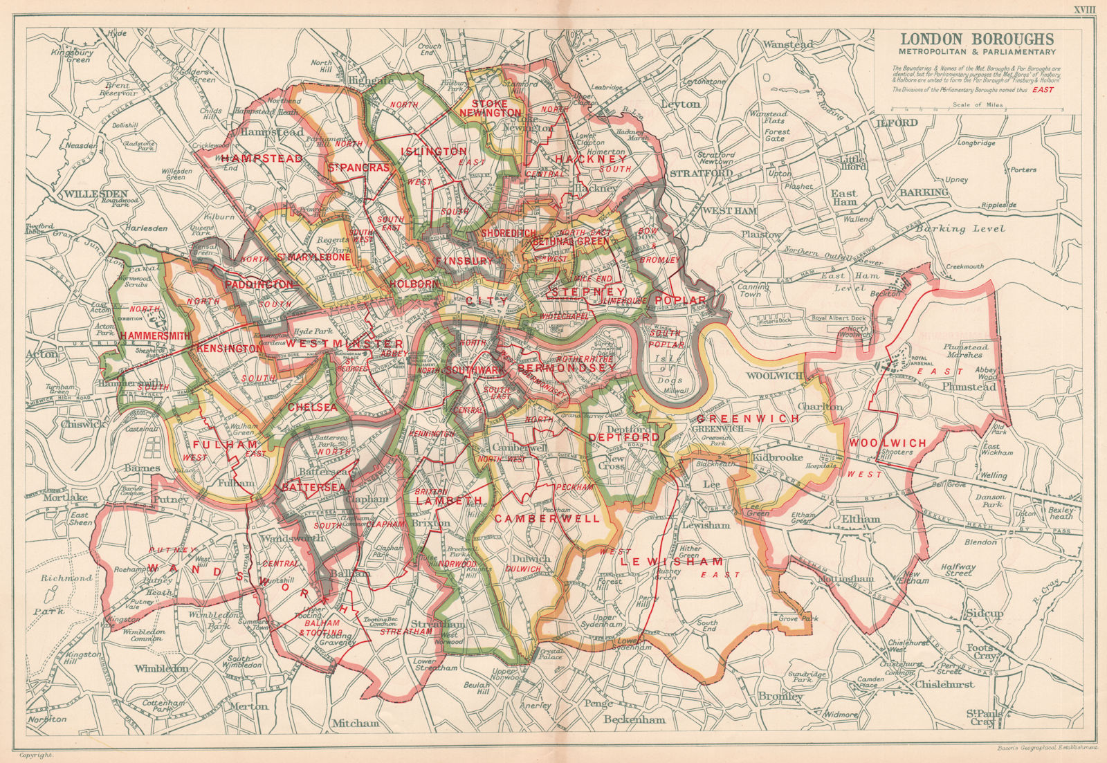 LONDON BOROUGHS. Metropolitan & Parliamentary. Constituencies. BACON 1927 map